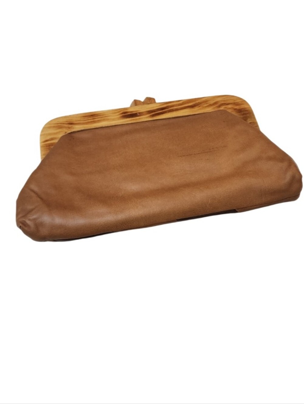 Vintage 1980s LECY Genuine Leather Clutch Purse Wood Frame Brown Tan Geometric - Picture 5 of 10